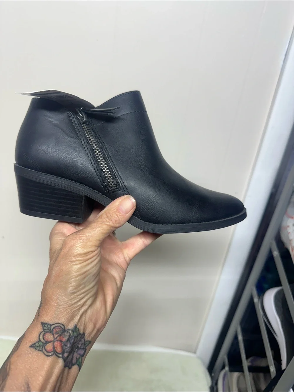 Time and Tru Black Faux Leather Ankle Booties with Low Block Heel